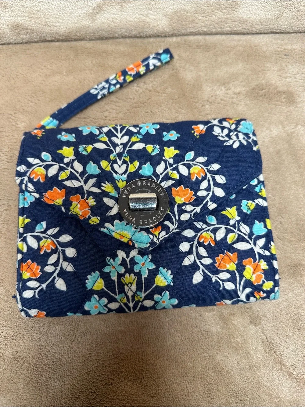 Vera Bradley Navy Floral Quilted Wristlet Clutch with Blue & Orange Accents - Picture 6 of 11